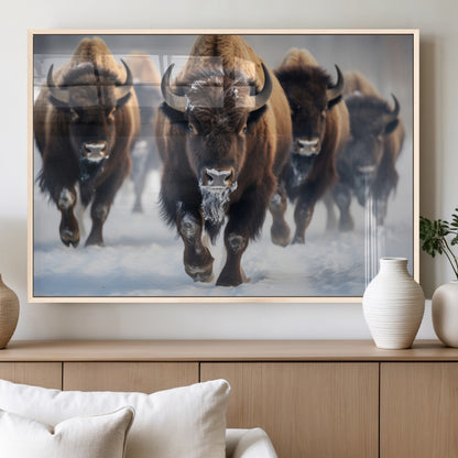 80512-MGV-FP-36X24-3P_Natural-Bison Herd Wall Art – Buffalo Running in Snow Canvas Print, Rustic Wildlife Photography Decor for Cabin, Lodge, or Living Room