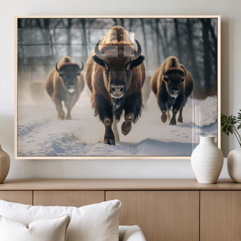 56549-MGV-FP-60X30-3P_Natural-Wild Bison Wall Art – Majestic Buffalo Herd Running in Snow Canvas Print, Rustic Wildlife Photography Decor for Cabin, Lodge, or