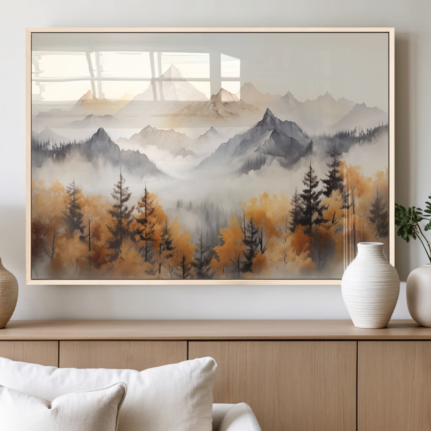 70049-MGV-FP-36X24-3P_Natural-Autumn Mountain Forest Wall Art – Misty Landscape Canvas Print, Rustic Nature Inspired Decor for Living Room, Bedroom or Office