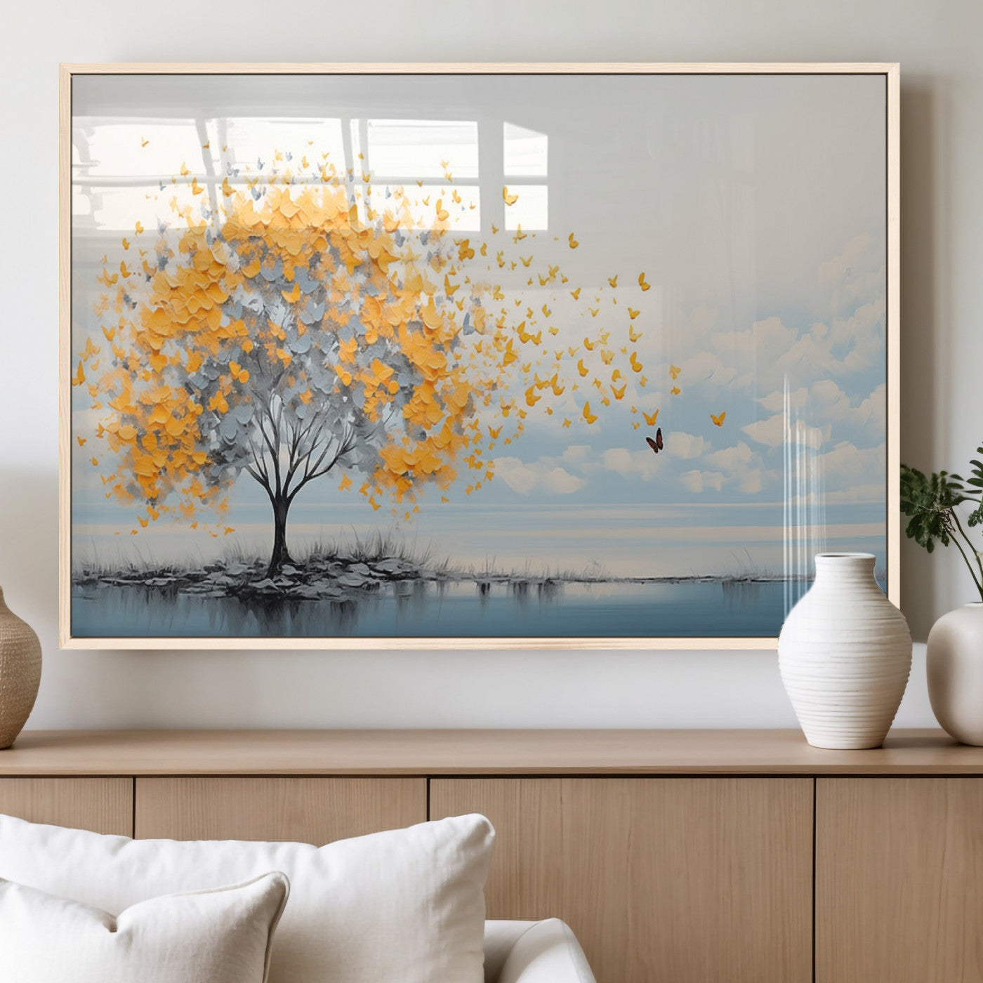 23385-MGV-FP-36X24-3P_Natural-Golden Butterfly Tree Wall Art – Abstract Yellow and Gray Canvas Print, Modern Nature Artwork for Living Room, Bedroom or Office