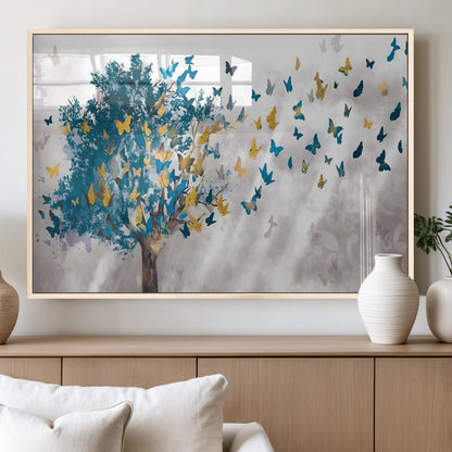 37564-MGV-FP-36X24-3P_Natural-Butterfly Tree Wall Art – Modern Nature Canvas Print with Blue and Golden Butterflies, Elegant Decorative Painting for Living Room