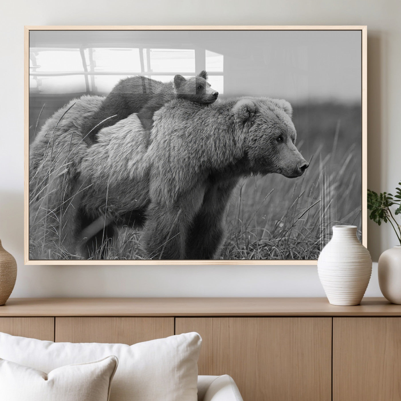 76338-MGV-FP-36X24-3P_Natural-Mother Bear and Cub Wall Art – Black and White Wildlife Canvas Print, Rustic Nature Photography for Cabin, Living Room or Office