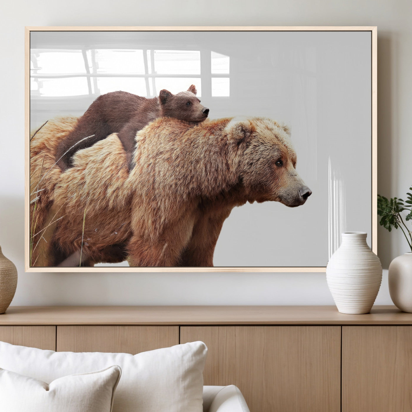 76943-MGV-FP-36X24-3P_Natural-Mom Bear Wall Art Canvas Print, Framed Bear Photography Art Picture Print, Rustic Bear and Cub Perfect Rustic Farmhouse Decor