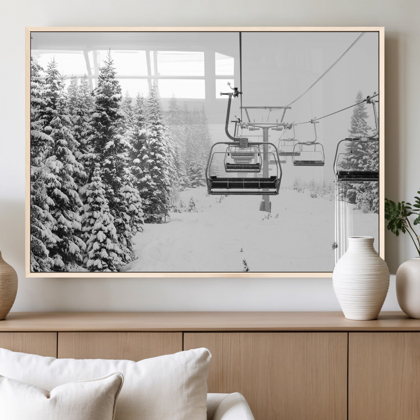 70609-MGV-FP-36X24-3P_Natural-Snowy Ski Lift Wall Art – Black and White Winter Mountain Landscape Canvas Print, Rustic Lodge Decor for Cabin, Living Room or