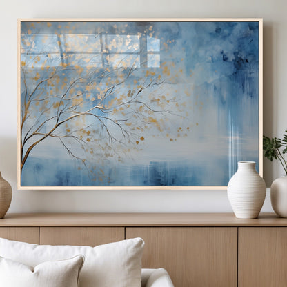 23891-MGV-FP-36X24-3P_Natural-Abstract Tree Wall Art – Minimalist Blue and Gold Canvas Painting, Elegant Nature-Inspired Artwork for Living Room, Bedroom or