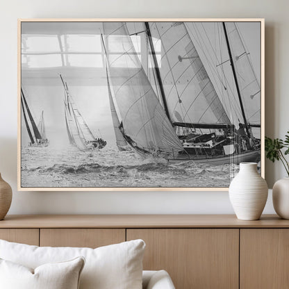 Boat-1-MGV-FP-36X24-3P_Natural-Sailboat Racing Wall Art – Nautical Black and White Canvas Print, Ocean Adventure Decor for Office, Living Room or Bedroom