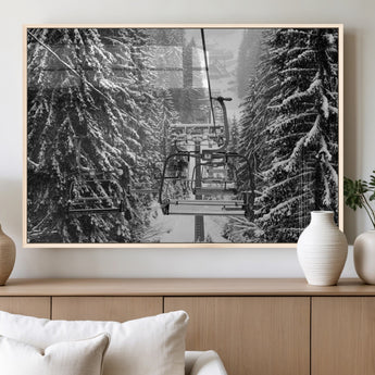 19240-MGV-FP-36X24-3P_Natural-Ski Lift Wall Art – Black and White Winter Mountain Canvas Print, Snowy Forest Ski Resort Photography for Cabin, Lodge, Office or