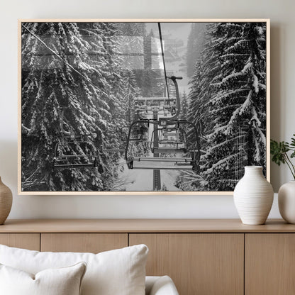19240-MGV-FP-36X24-3P_Natural-Ski Lift Wall Art – Black and White Winter Mountain Canvas Print, Snowy Forest Ski Resort Photography for Cabin, Lodge, Office or