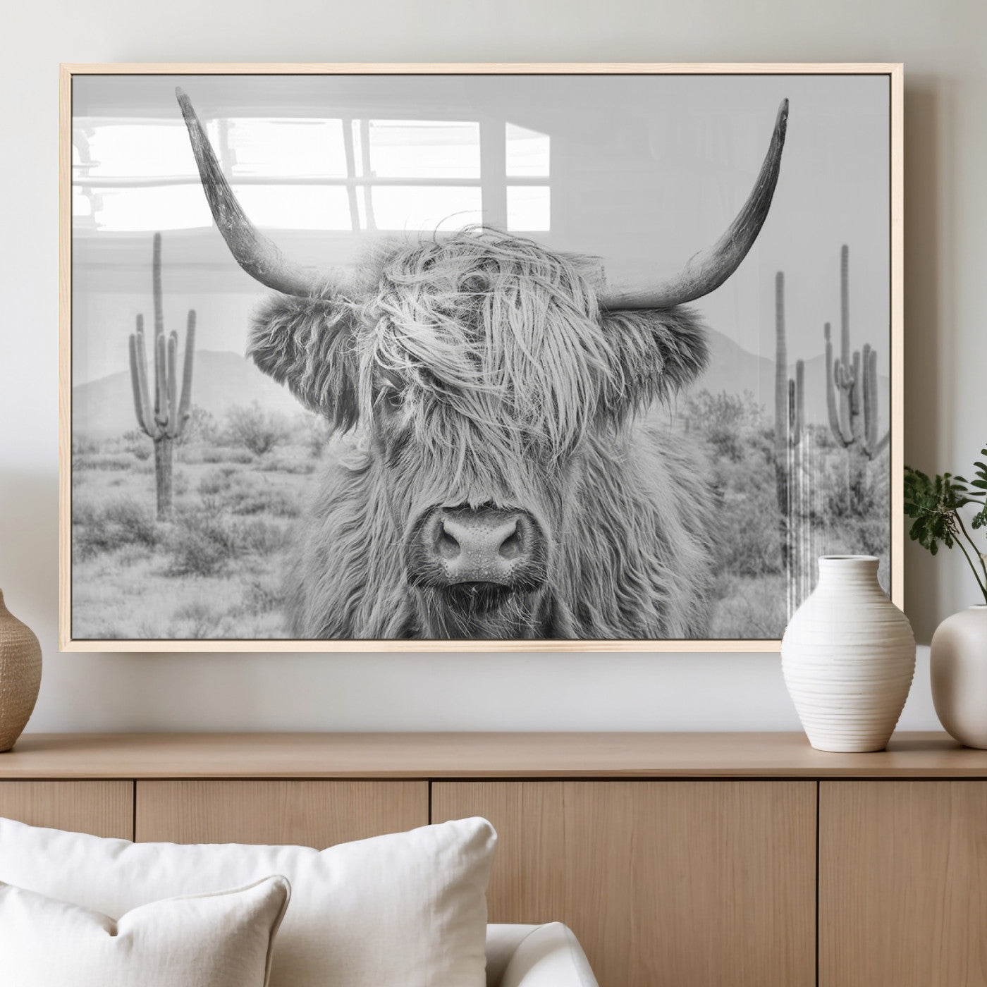 94579-MGV-FP-36X24-3P_Natural-Highland Cow Wall Art – Black and White Longhorn Canvas Print, Rustic Western Farmhouse Animal Photography for Living Room,
