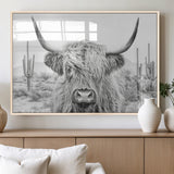 94579-MGV-FP-36X24-3P_Natural-Highland Cow Wall Art – Black and White Longhorn Canvas Print, Rustic Western Farmhouse Animal Photography for Living Room,
