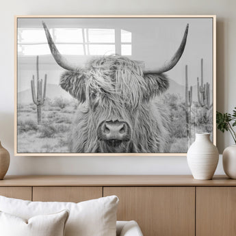 94579-MGV-FP-36X24-3P_Natural-Highland Cow Wall Art – Black and White Longhorn Canvas Print, Rustic Western Farmhouse Animal Photography for Living Room,
