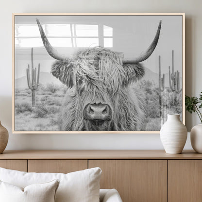 94579-MGV-FP-36X24-3P_Natural-Highland Cow Wall Art – Black and White Longhorn Canvas Print, Rustic Western Farmhouse Animal Photography for Living Room,