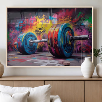 13549-MGV-FP-36X24-3P_Natural-Graffiti Gym Wall Art Canvas Print, Framed Graffiti Barbell Art Picture Print, Weightlifting Perfect Fitness Studio Decor Artwork