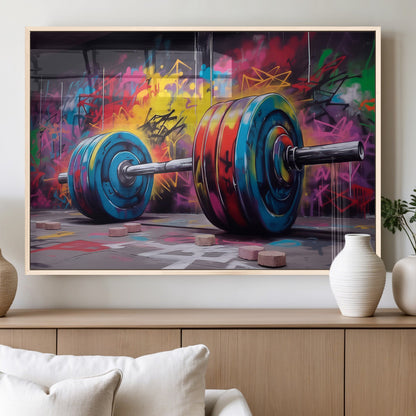 13549-MGV-FP-36X24-3P_Natural-Graffiti Gym Wall Art Canvas Print, Framed Graffiti Barbell Art Picture Print, Weightlifting Perfect Fitness Studio Decor Artwork