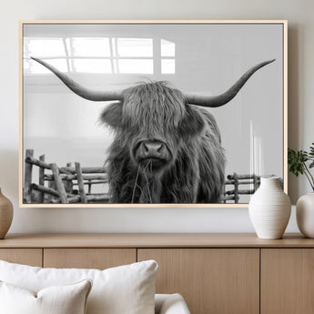 58188-MGV-FP-36X24-3P_Natural-Highland Cow Wall Art – Black and White Rustic Farmhouse Canvas Print, Longhorn Cattle Photography Decor for Living Room or