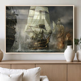 26512-MGV-FP-36X24-3P_Natural-Naval Battle Wall Art – Dramatic Tall Ship Canvas Print, Historic Pirate Sailing War Scene, Nautical Decor for Office, Study or