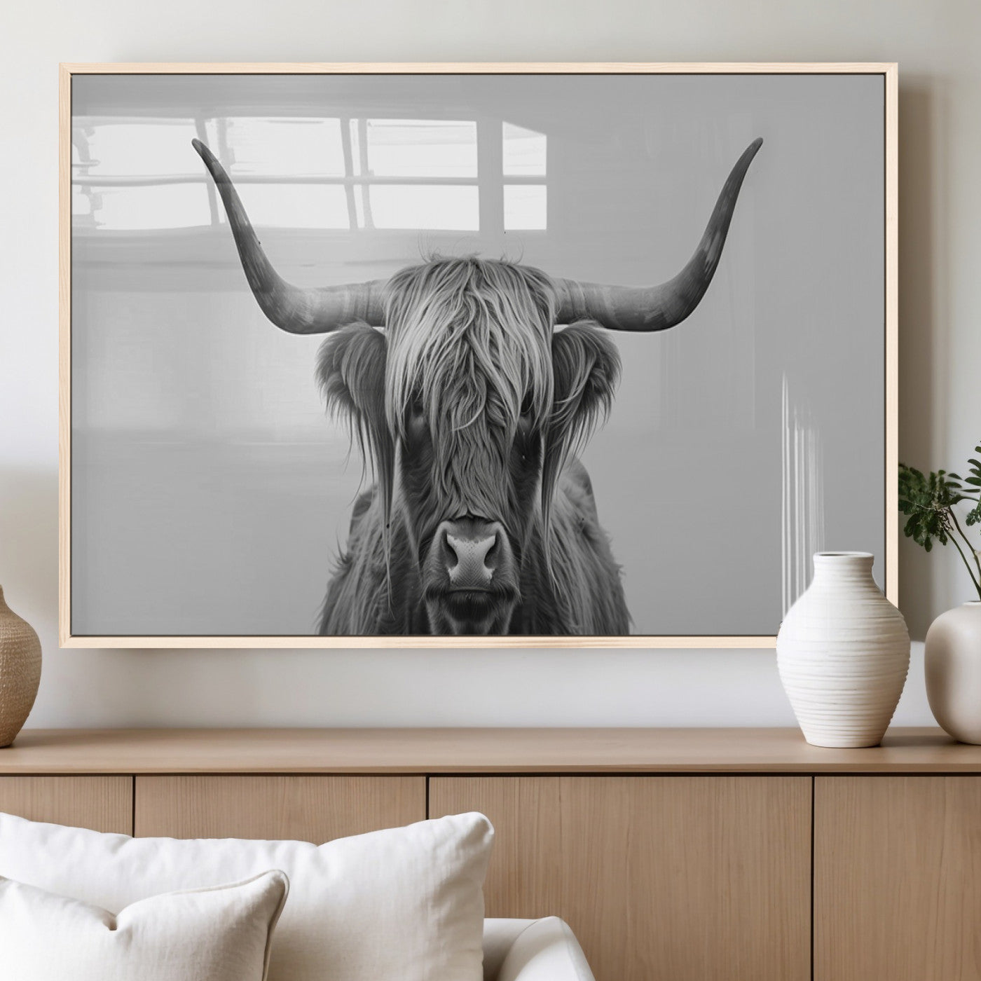 35820-MGV-FP-36X24-3P_Natural-Minimalist Highland Cow Wall Art – Black and White Longhorn Cattle Canvas Print, Modern Farmhouse Animal Photography Decor for
