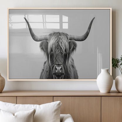 35820-MGV-FP-36X24-3P_Natural-Minimalist Highland Cow Wall Art – Black and White Longhorn Cattle Canvas Print, Modern Farmhouse Animal Photography Decor for