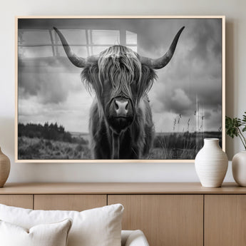 17924-MGV-FP-36X24-3P_Natural-Highland Cow Wall Art – Black and White Rustic Longhorn Cattle Canvas Print, Farmhouse Animal Photography Decor for Country Home