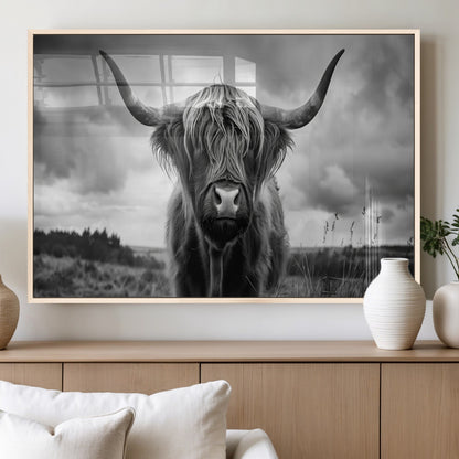 17924-MGV-FP-36X24-3P_Natural-Highland Cow Wall Art – Black and White Rustic Longhorn Cattle Canvas Print, Farmhouse Animal Photography Decor for Country Home