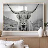 80564-MGV-FP-36X24-3P_Natural-Highland Cow Wall Art – Black and White Scottish Highland Canvas Print, Rustic Farmhouse Decor for Living Room, Bedroom or Office