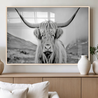 80564-MGV-FP-36X24-3P_Natural-Highland Cow Wall Art – Black and White Scottish Highland Canvas Print, Rustic Farmhouse Decor for Living Room, Bedroom or Office