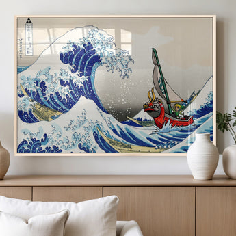 19450-MGV-FP-36X24-3P_Natural-Great Wave Adventure Wall Art – Japanese Style Ocean Canvas Print, Fantasy Sailing Decor for Living Room, Bedroom or Office