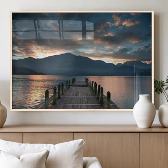 20442-MGV-FP-36X24-3P_Natural-Lakeside Sunset Dock Wall Art – Peaceful Mountain Lake Canvas Print, Serene Nature Landscape Decor for Living Room, Bedroom or