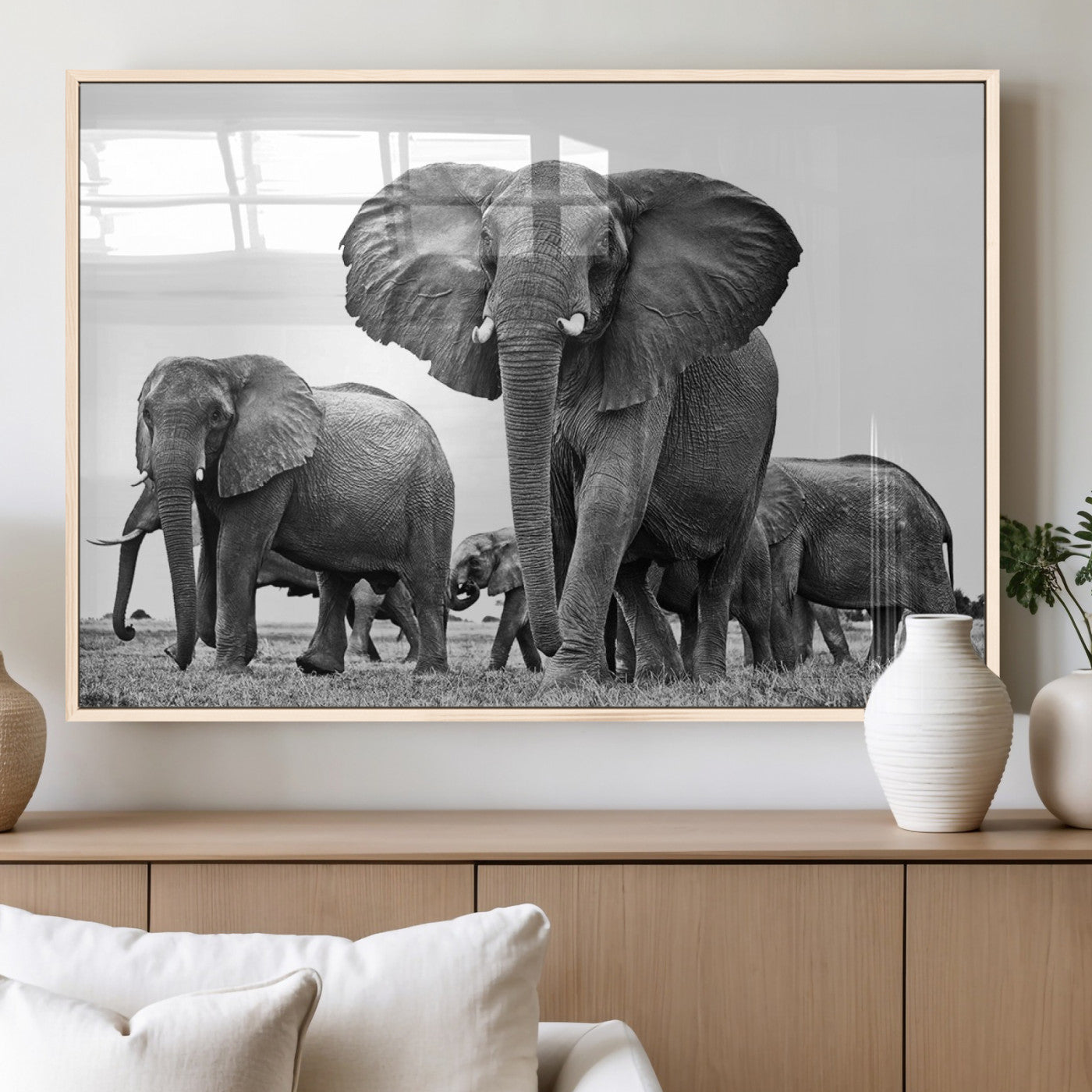 91685-MGV-FP-36X24-3P_Natural-Elephant Herd Wall Art – Black and White Safari Canvas Print, African Wildlife Photography Decor for Living Room, Office or