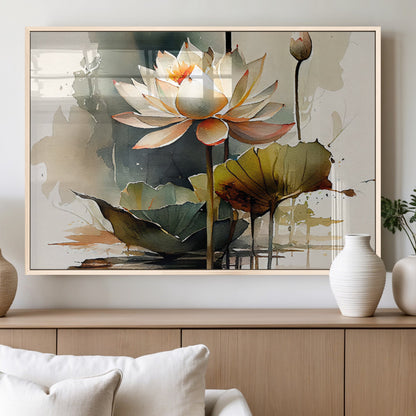 62531-MGV-FP-36X24-3P_Natural-Lotus Flower Wall Art – Watercolor Botanical Canvas Print, Tranquil Nature Artwork for Living Room, Bedroom or Meditation Space
