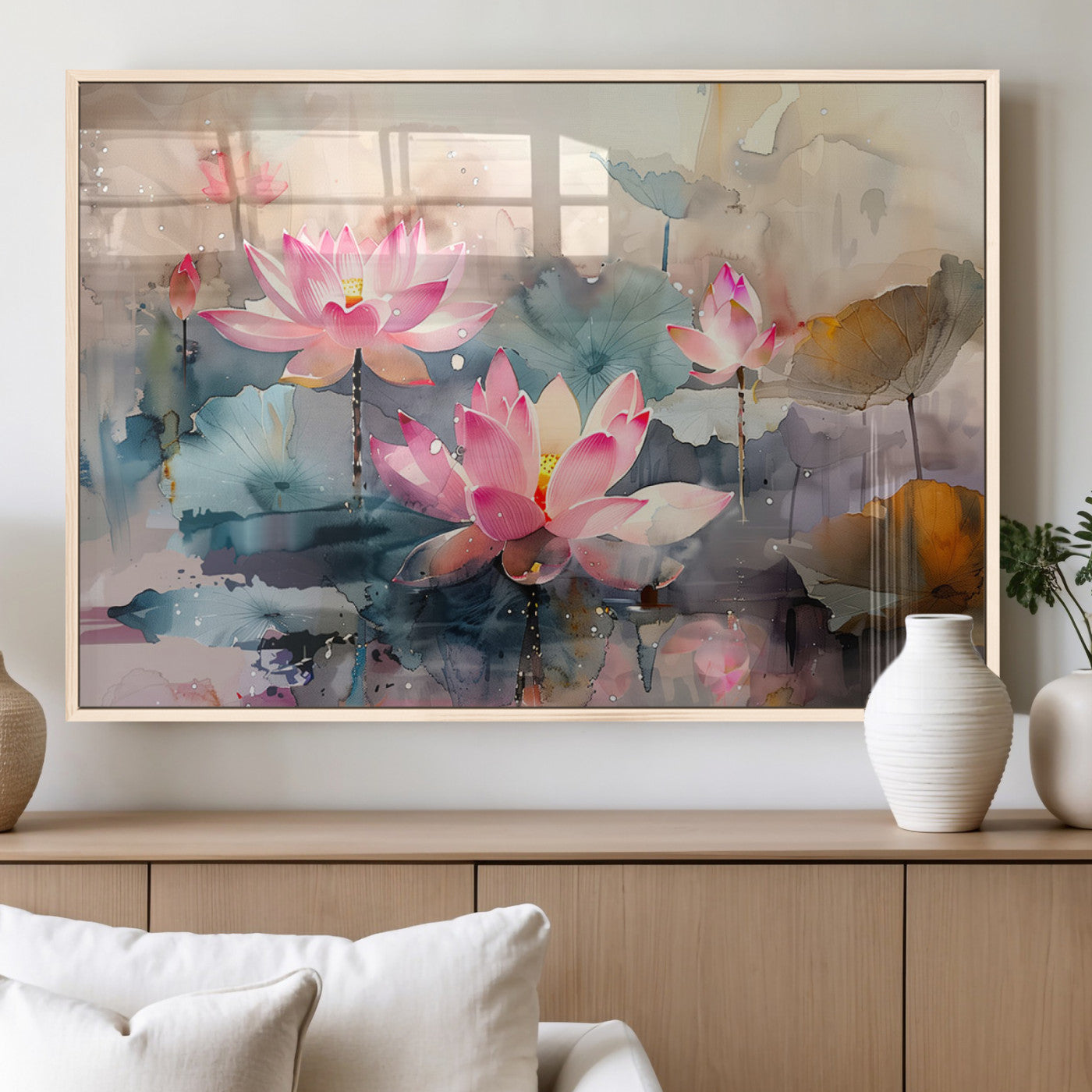 27936-MGV-FP-36X24-3P_Natural-Lotus Pond Wall Art – Watercolor Pink Lotus Flowers Canvas Print, Tranquil Botanical Artwork for Bedroom, Living Room or