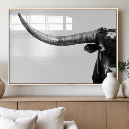 31699-MGV-FP-36X24-3P_Natural-Longhorn Wall Art – Black and White Texas Longhorn Cow Canvas Print, Rustic Western Farmhouse Artwork for Living Room, Bedroom or