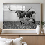 94709-MGV-FP-36X24-3P_Natural-Texas Longhorn Wall Art – Black and White Bull Photography Canvas Print, Western Farmhouse Wall Decor for Living Room, Office or