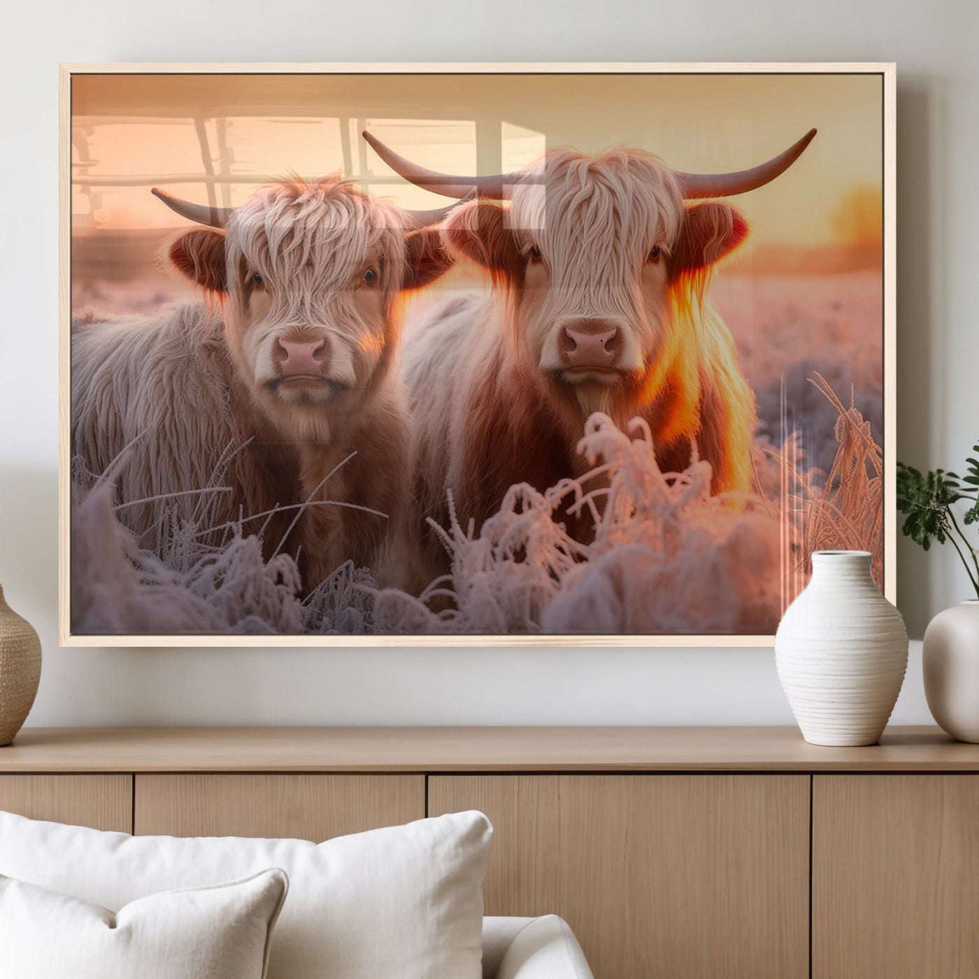 68253-MGV-FP-60X30-3P_Natural-Highland Cow Wall Art – Rustic Farmhouse Cattle Canvas Print, Frosty Sunset Animal Artwork for Living Room, Bedroom or Country