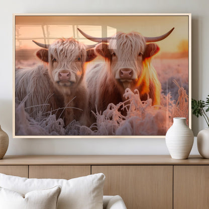 68253-MGV-FP-60X30-3P_Natural-Highland Cow Wall Art – Rustic Farmhouse Cattle Canvas Print, Frosty Sunset Animal Artwork for Living Room, Bedroom or Country