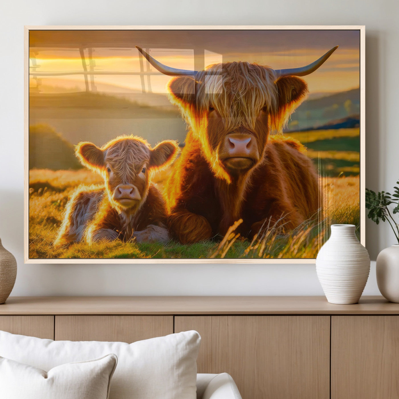 20567-MGV-FP-36X24-3P_Natural-Highland Cow and Calf Wall Art – Rustic Farmhouse Sunset Cattle Canvas Print, Country Animal Artwork for Living Room, Bedroom, or