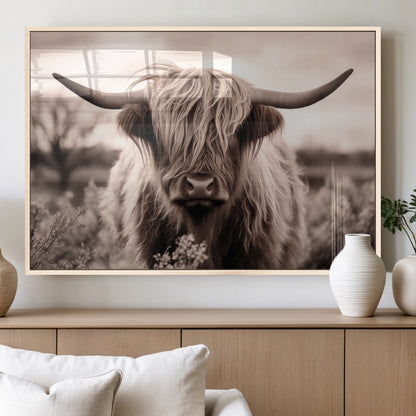 55903-MGV-FP-36X24-3P_Natural-Highland Cow Wall Art – Rustic Sepia Scottish Highland Bull Canvas Print, Farmhouse Country Animal Decor for Living Room, Bedroom