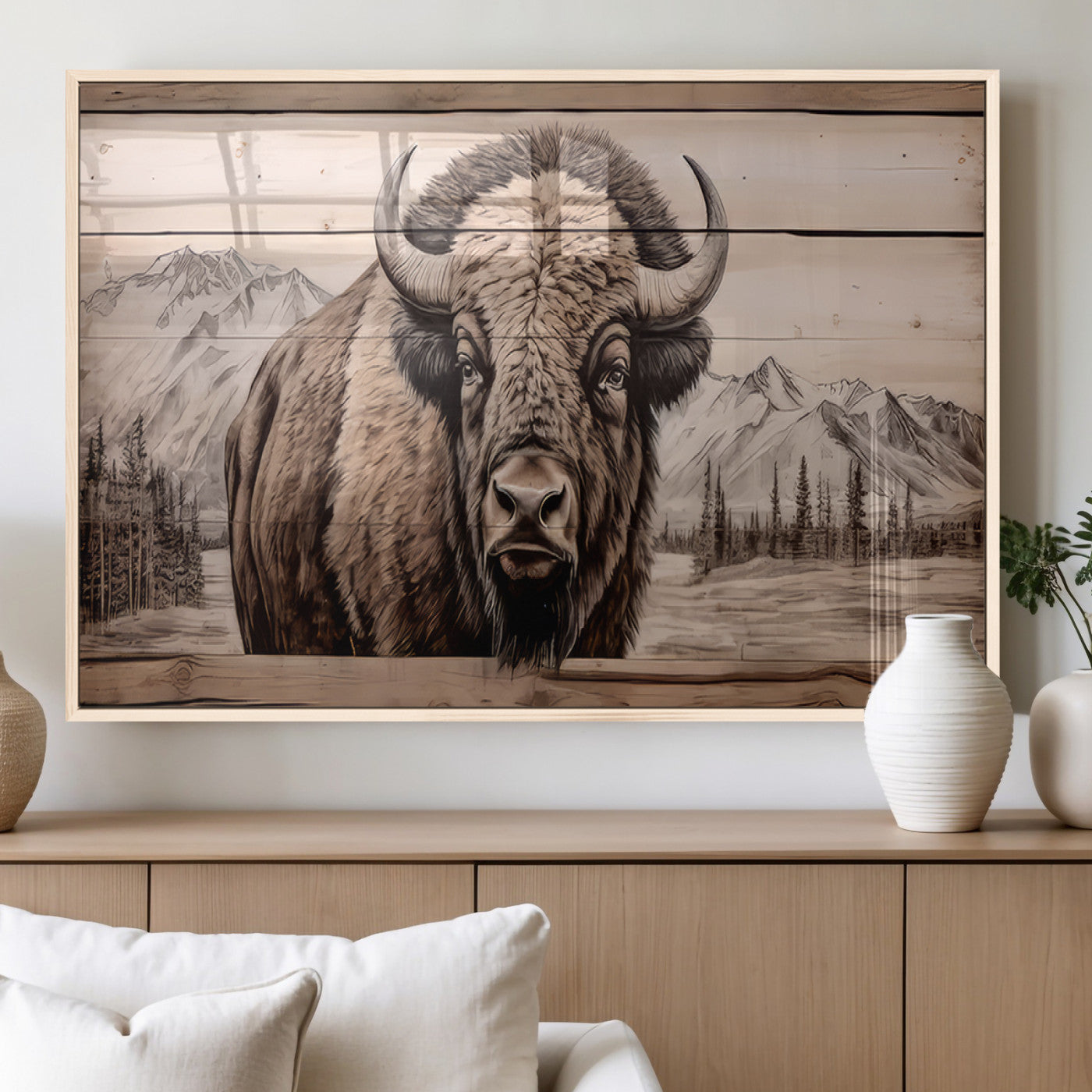 77225-MGV-FP-36X24-3P_Natural-Rustic Bison Wall Art Canvas Print, Framed American Buffalo Art Picture Print, Vintage Wood Bison Perfect Rustic Decor Artwork