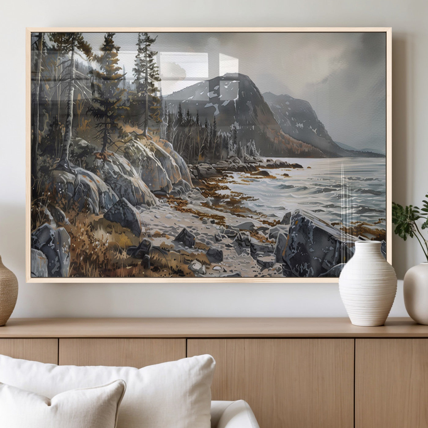 41281-MGV-FP-60X30-3P_Natural-Rocky Shoreline Wall Art – Panoramic Mountain Coast and Forest Canvas Print, Rustic Nature Landscape Decor for Cabin, Lodge, or