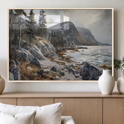 41281-MGV-FP-60X30-3P_Natural-Rocky Shoreline Wall Art – Panoramic Mountain Coast and Forest Canvas Print, Rustic Nature Landscape Decor for Cabin, Lodge, or