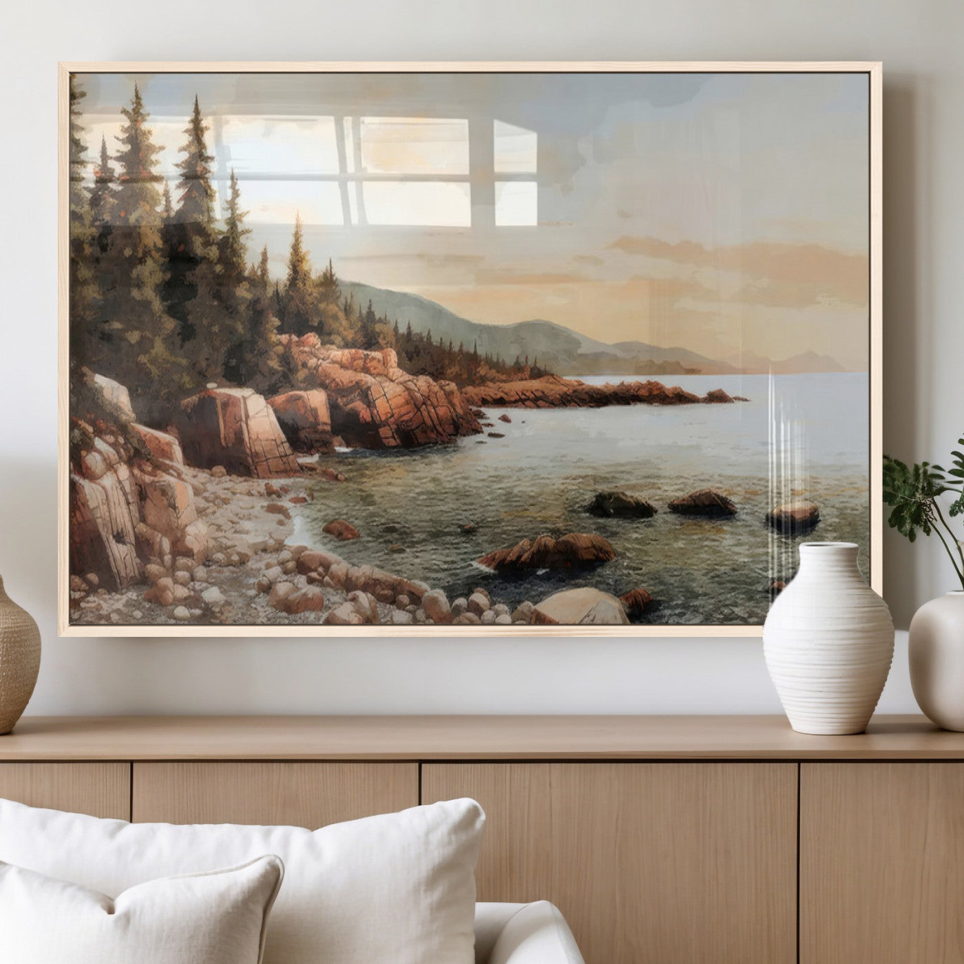 77145-MGV-FP-60X30-3P_Natural-Coastal Landscape Wall Art – Panoramic Rocky Shoreline and Pine Trees Canvas Print, Rustic Nature Decor for Cabin, Lodge, Office,