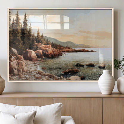 77145-MGV-FP-60X30-3P_Natural-Coastal Landscape Wall Art – Panoramic Rocky Shoreline and Pine Trees Canvas Print, Rustic Nature Decor for Cabin, Lodge, Office,