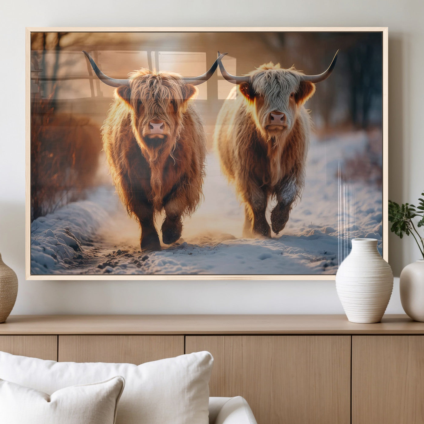 50490-MGV-FP-60X30-3P_Natural-Highland Cow Wall Art – Rustic Panoramic Canvas Print Two Cattle Snowy Landscape, Farmhouse Country Decor for Living Room Office