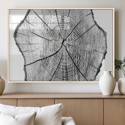 98709-MGV-FP-60X30-3P_Natural-Tree Ring Wall Art – Black and White Canvas Print Rustic Wood Cross Section, Minimal Nature Inspired Decor for Living Room,