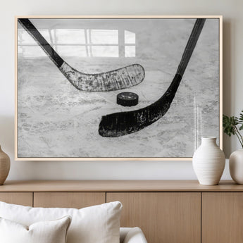 82900-MGV-FP-36X24-3P_Natural-Hockey Wall Art – Black and White Canvas Print Ice Rink Sticks Puck Sports Photography, Modern Decor for Game Room, Man Cave,