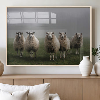 87339-MGV-FP-60X30-3P_Natural-Sheep Wall Art – Rustic Farmhouse Canvas Print Flock Standing Misty Field Countryside Photography, Country Animal Decor for Living