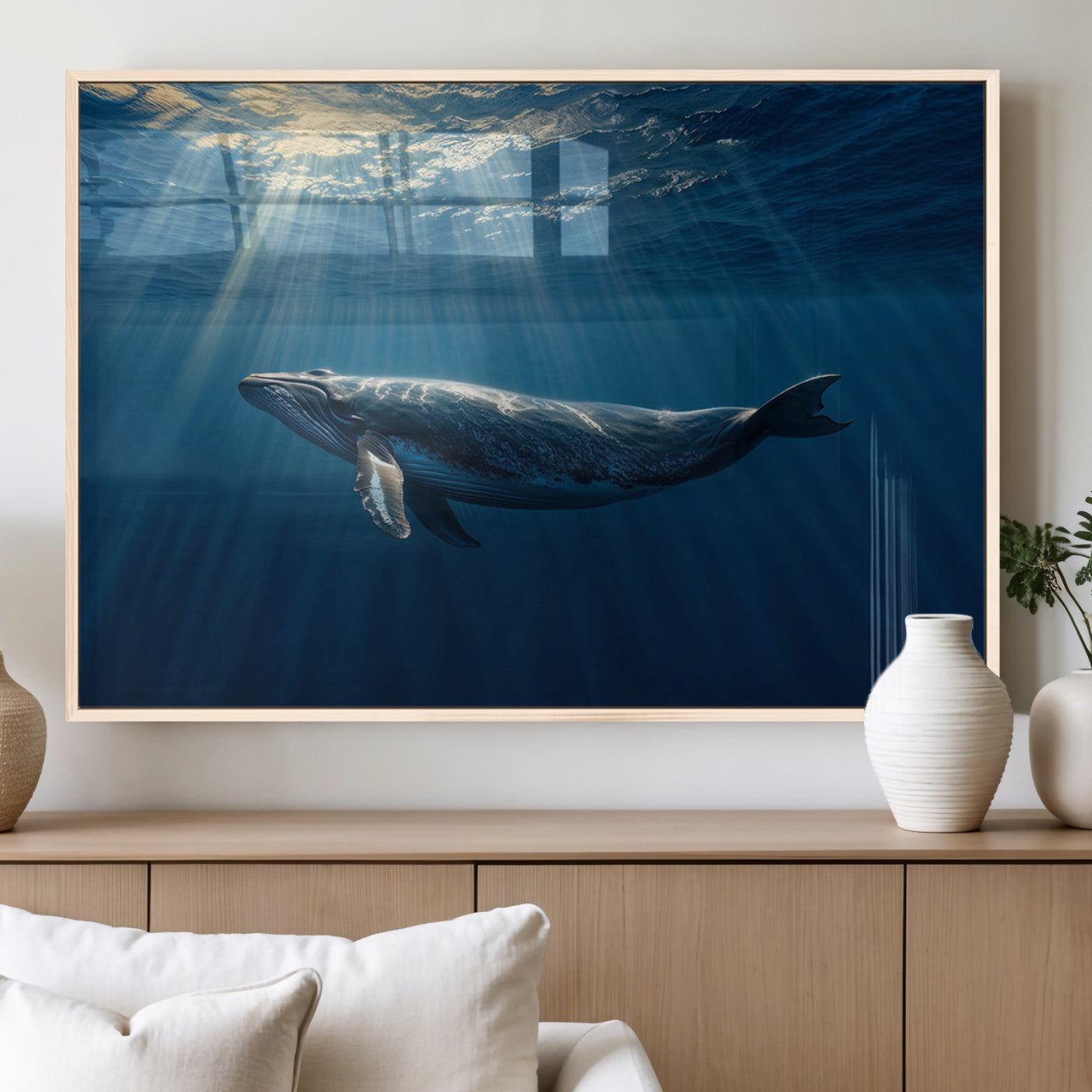 18052-MGV-FP-60X30-3P_Natural-Whale Wall Art – Majestic Ocean Canvas Print Marine Life Underwater Sunlight Scene, Nautical Coastal Decor for Living Room,