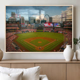 91908-MGV-FP-60X30-3P_Natural-Baseball Stadium Wall Art – Canvas Print Game Day Field City Skyline Iconic Arch Scene Sports Photography, Decor for Game Room,