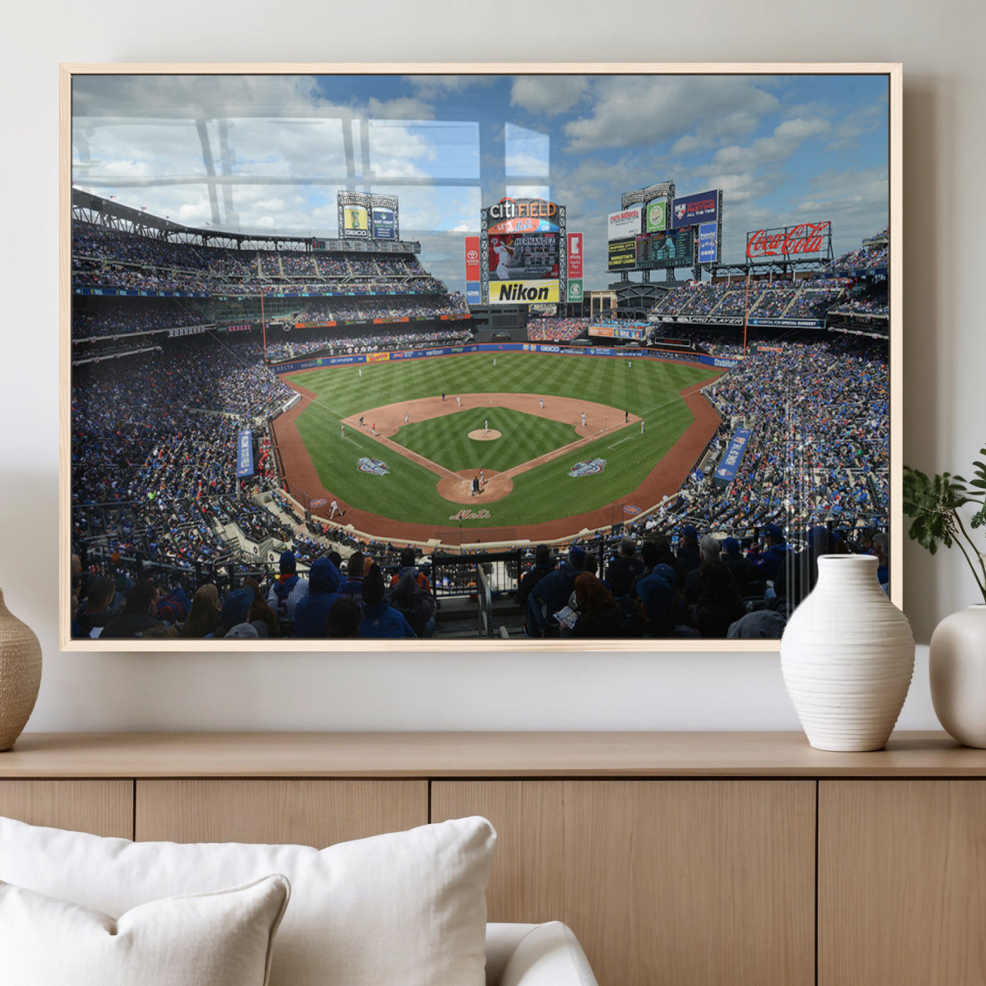 22910-MGV-FP-60X30-3P_Natural-City Field Stadium Wall Art Canvas Print, Framed New York Stadium Art Picture Print, City Field Perfect Sport Room Decor Artwork