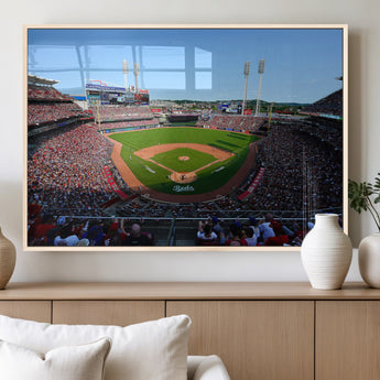 90998-MGV-FP-36X24-3P_Natural-Baseball Stadium Wall Art – Canvas Print Day Game Field Packed Crowd Bright Blue Sky Sports Photography, Classic Decor for Game
